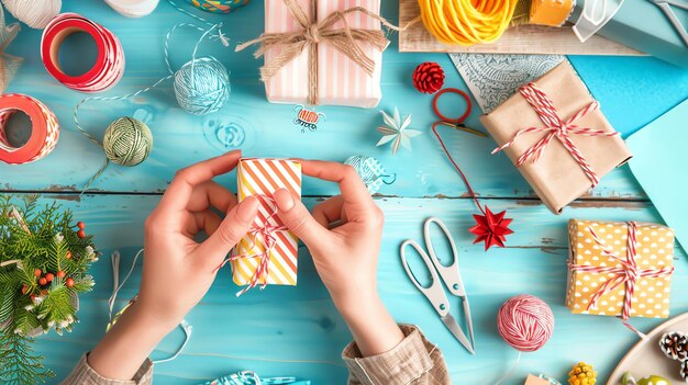 Photo hands wrapping a small gift with orange and white striped paper and string on a blue table with other gifts and wrapping supplies