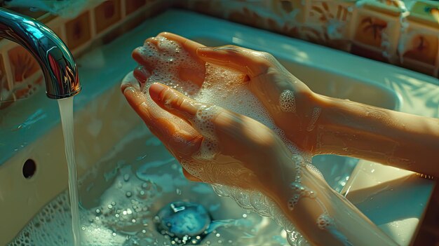 Photo the hands of a young lady meticulously wash with soap at the sink captured vividly in a detailed photograph that brings the moment to life