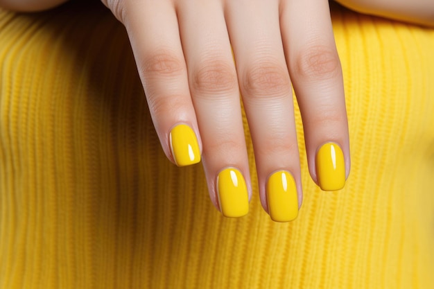 Photo hands of a young woman with bright yellow manicure on her nails ai generated