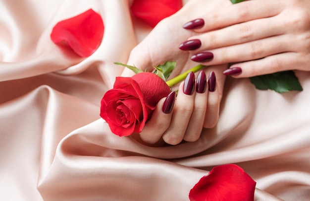 Hands of a young woman with dark red manicure on nails