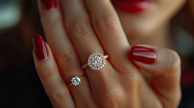 The hands of a young woman with polished red nails wearing an expensive diamond engagement ring