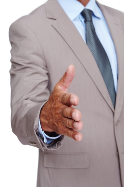 Handshake business and man in studio for greeting welcome or onboarding partnership Professional deal and closeup of corporate male model with a shaking hands gesture isolated by white background