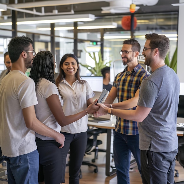 Handshake between colleagues casual dress modern office