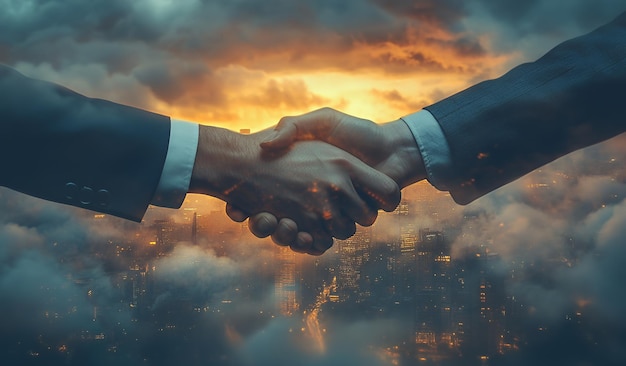 Handshake in front of a city skyline and a foggy sunset