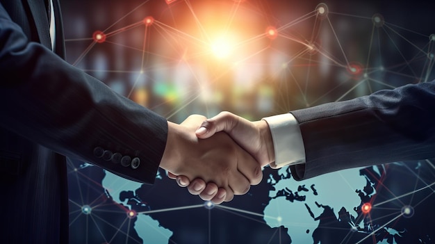 Handshake in front of a technological world map with logistics solutions