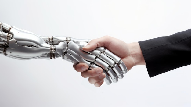 Handshake of human hand and robot hand Collaboration between human and machine Isolated