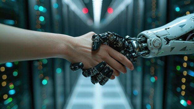 Handshake humand and robot with data server on background