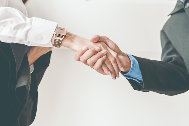 Handshake of male and female businessmen.