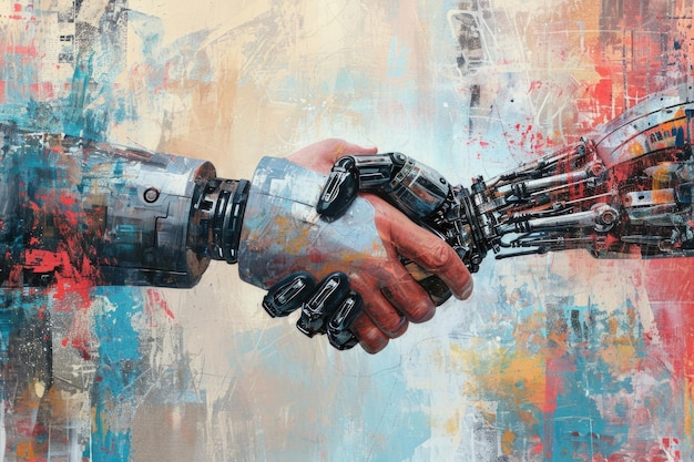 Handshake of man and robot Modern technologies Art collage