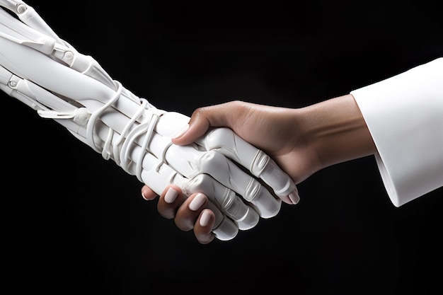 Photo handshake between robot and human partners ai technology development relationship between human and robot generative ai