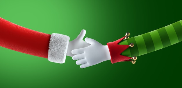 handshake of Santa Claus and elf hands isolated on green background