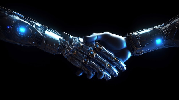 Handshake of two cyborgs two metal anthropomorphic hands reaching out to each other futuristic digit