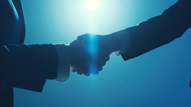 Photo handshake between two of the hands on a blue background