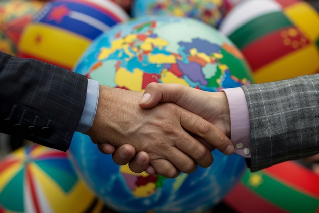 Photo handshake between two people in business setting with globe in background