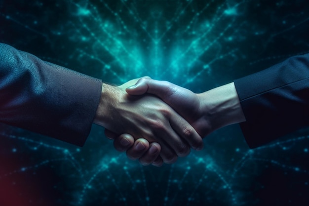 A handshake with a blue background and a light blue background.