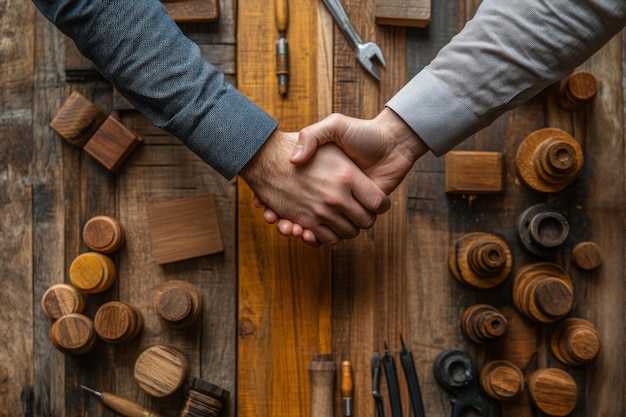 Photo handshake on a wooden table