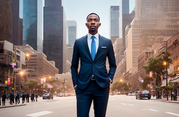 Handsome African American in business suit on background of metropolitan Elegant black man in classic style in downtown Generative AI