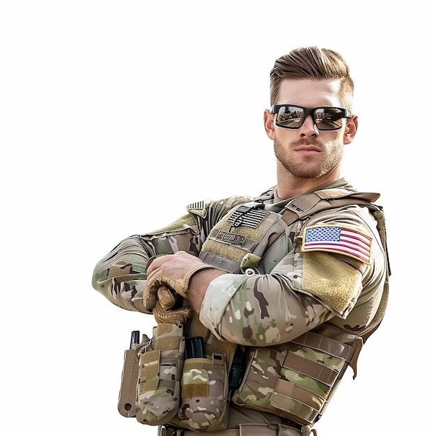 Photo handsome american solider in uniform with cross arm