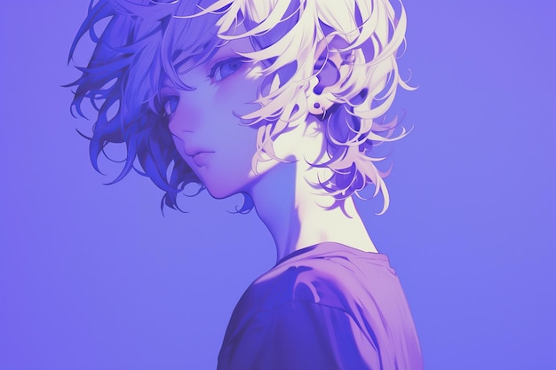 Handsome Anime Boy In Profile On Pale Lavender Color Background