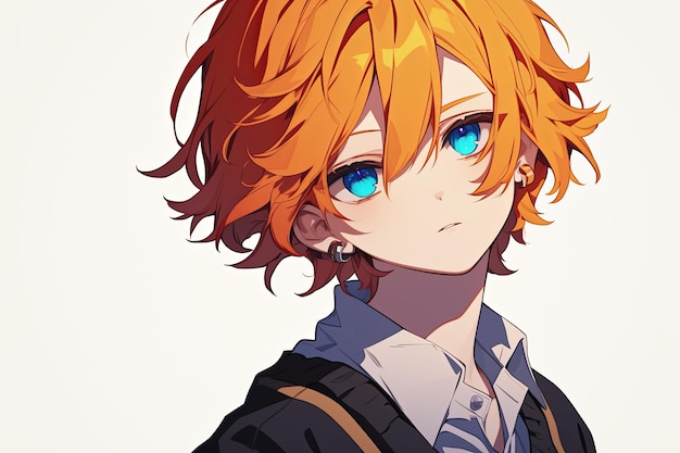 Handsome Anime Boy With Orange Hair On White Background