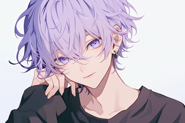 Handsome Anime Boy With Pale Purple Color Hair On White Background