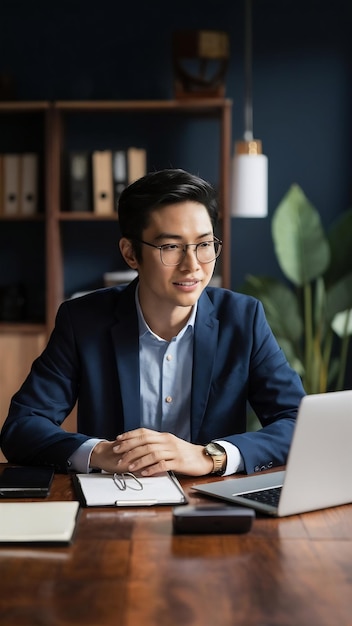 Handsome asian businessman working from home