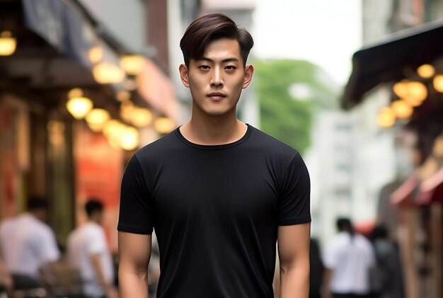 Handsome asian man in black tshirt standing in the street