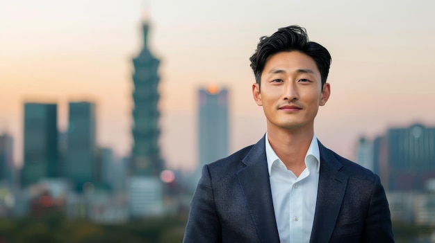 Handsome Asian man in a fashionable suit standing against a city skyline backdrop