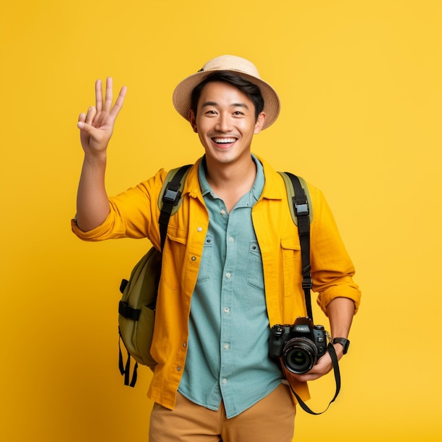 Handsome Asian man smiling happily on yellow banner background