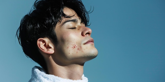 Handsome Asian man with black hair and white towel profile view small red pimples on chin