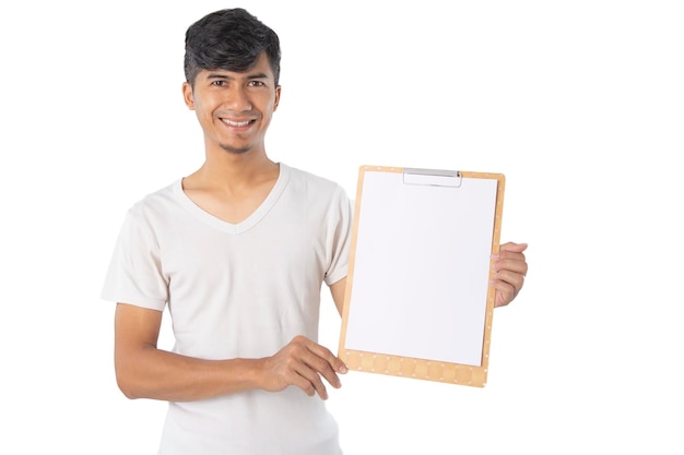 Photo handsome asian man with finger point to clipboard