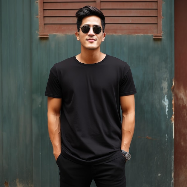 Handsome asian model wearing blank tshirt for mockup design