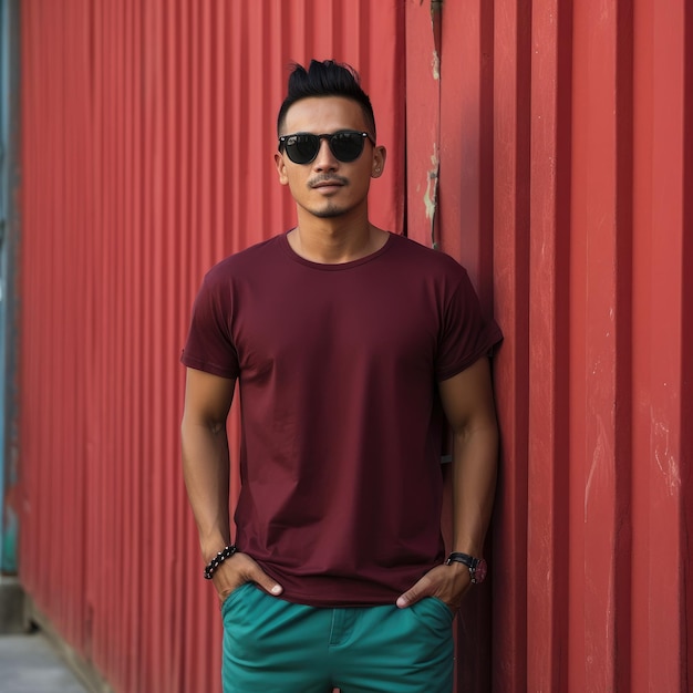 Handsome asian model wearing blank tshirt for mockup design