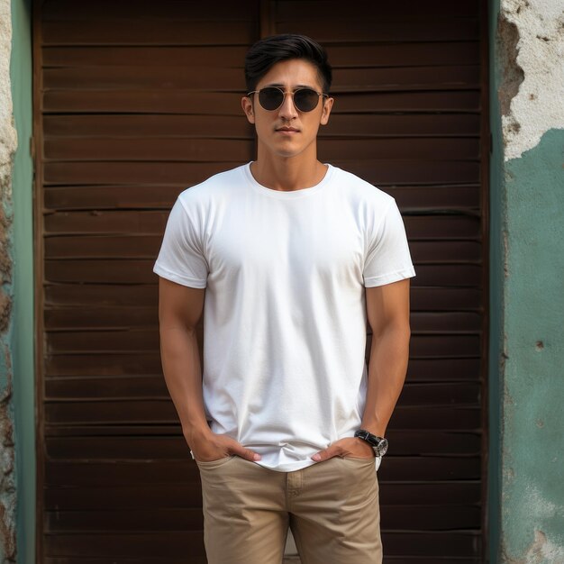 Handsome asian model wearing blank tshirt for mockup design