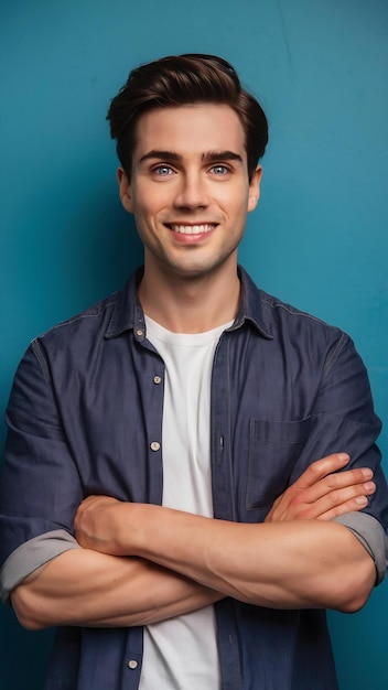 Handsome attractive young european man in casual shirt with dark hair and blue eyes keeping arms f