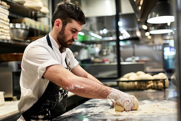 Handsome baker kneads dough bakery modern premises