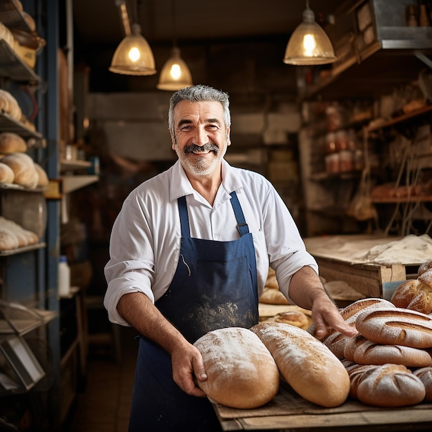 Handsome baker in uniform holding baguettes with bread shelves on the background