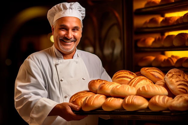 A handsome baker with a European appearance near freshly baked bread and buns