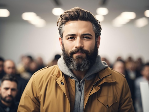 Handsome bearded businessman rubbing hands