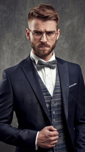 Handsome bearded elegant male in eyeglasses dressed in a dark blue suit with bow tie over grey vign