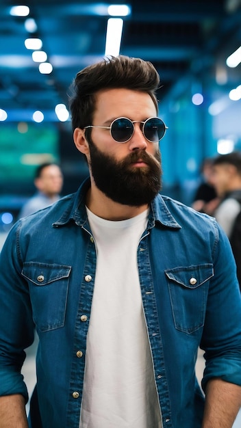 Handsome bearded hipster man wearing round sunglasses isolated over blue light space