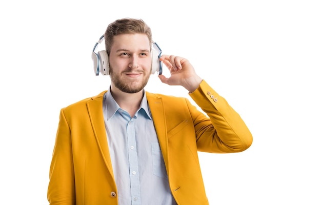 Handsome bearded male listening to music