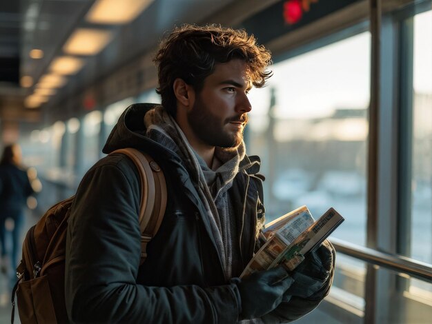 handsome bearded man in casual clothes and jeans reading book while walking on street at night