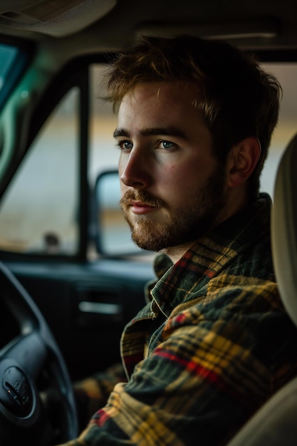 Handsome bearded man in checkered plaid shirt driving a car