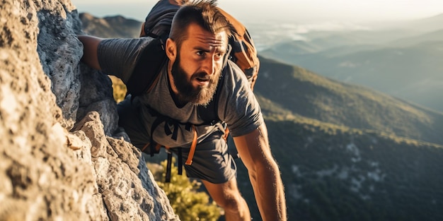 Handsome bearded man climbing on a rock in the mountains