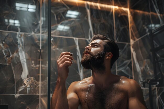 Handsome bearded man enjoying shower gel scent for mens self care and wellness