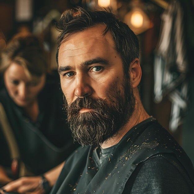 Photo handsome bearded man is getting beard hairstyle by hairdresser at the barbershop