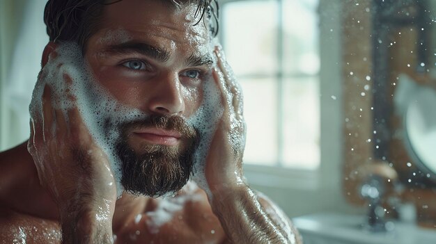 Photo handsome bearded man washing his face and beard with shampoo in bathroom