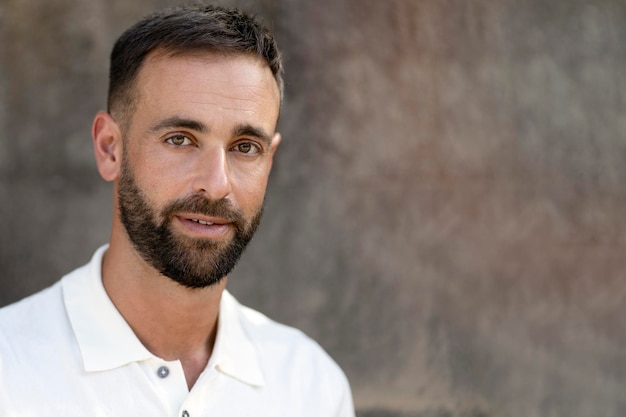 Handsome bearded man with stylish hair  looking at camera isolated on grey background, copy space