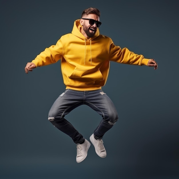 Handsome bearded stylish man jumping on black background generative AI